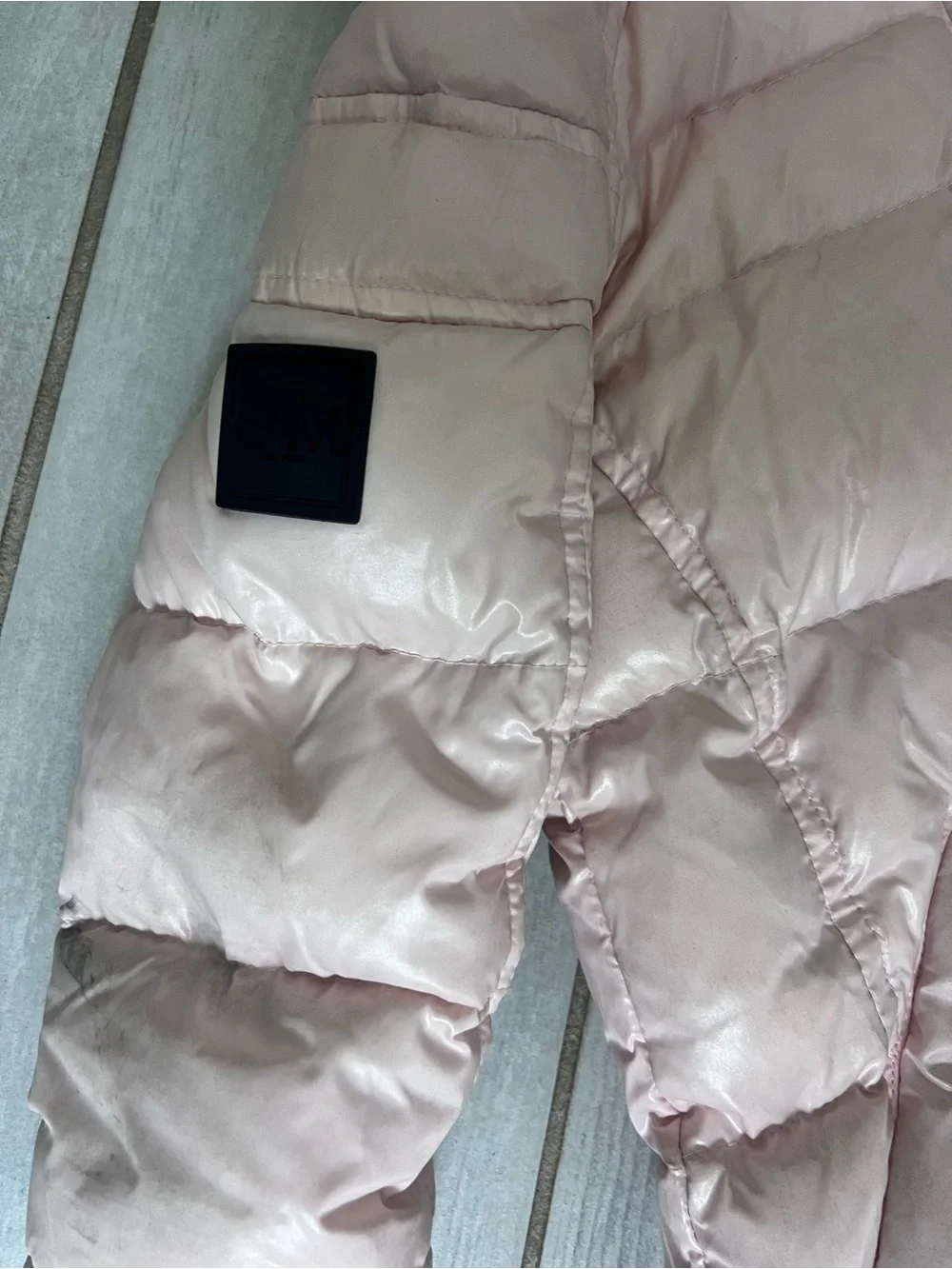 SAM. Light Pink Shiny Puffer Jacket with Faux Fur Trim
